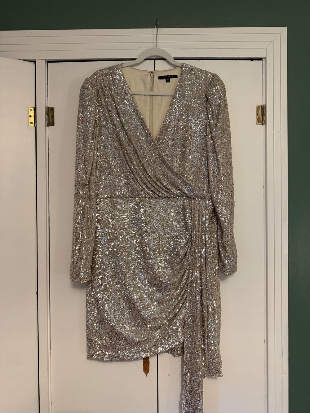 Alex Marie Silver Sequin Wrap Mini Dress